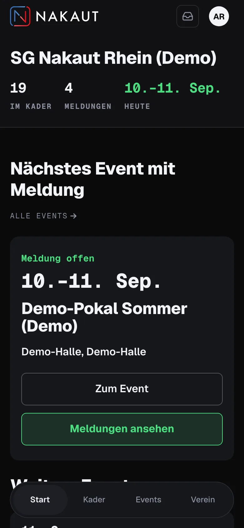 Nakaut, Trainer-Portal auf dem Handy: Kader, Meldungen, nächstes Turnier